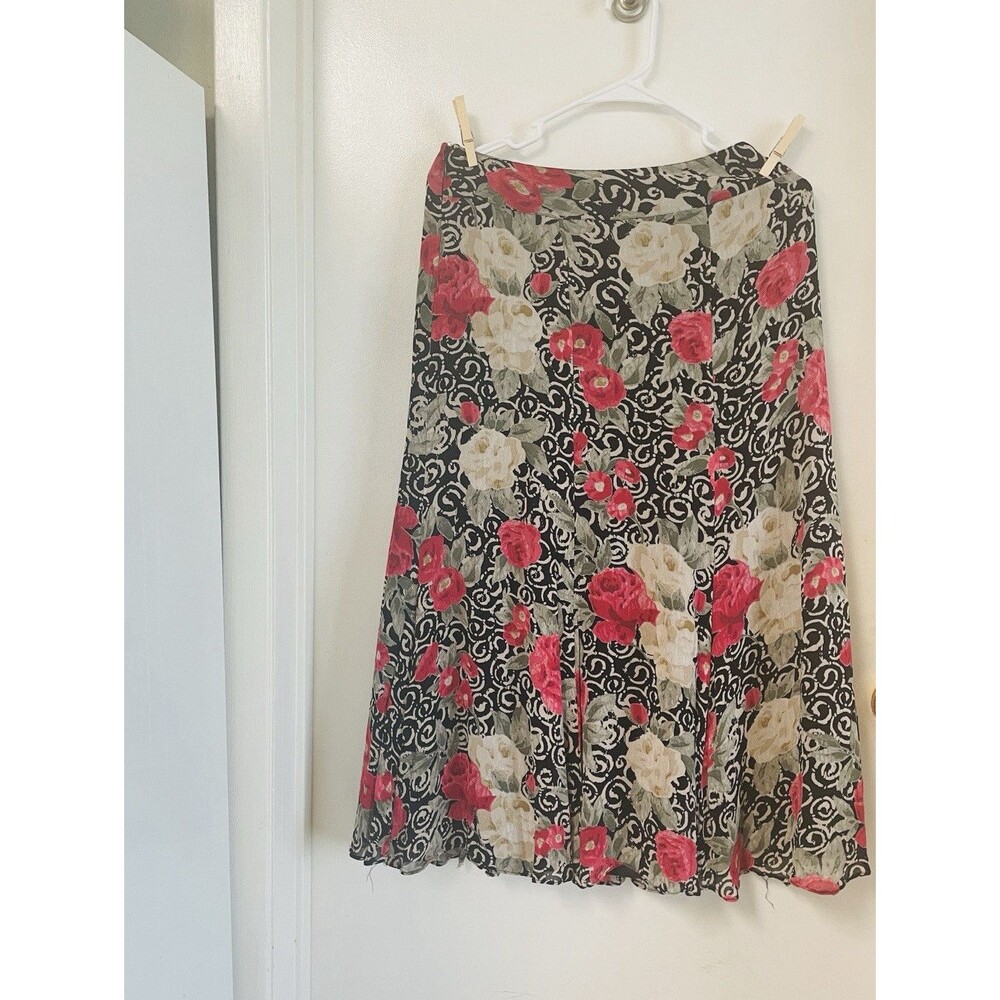 JM Collection Floral A-Line Knee Skirt Black Pink Polyester Petites 6P
